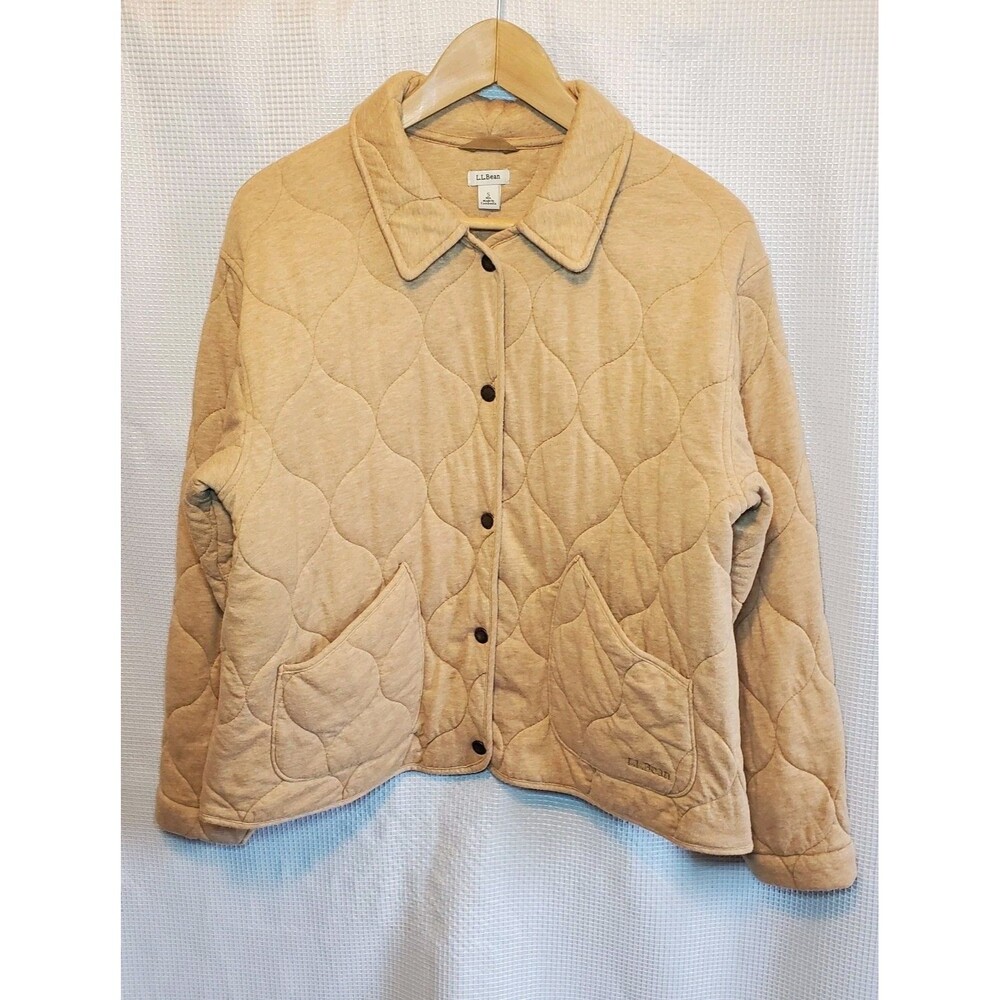 LL Bean Womens Sz Small Cotton Quilted Snap Front Jacket Tan Beige Preppy Fall